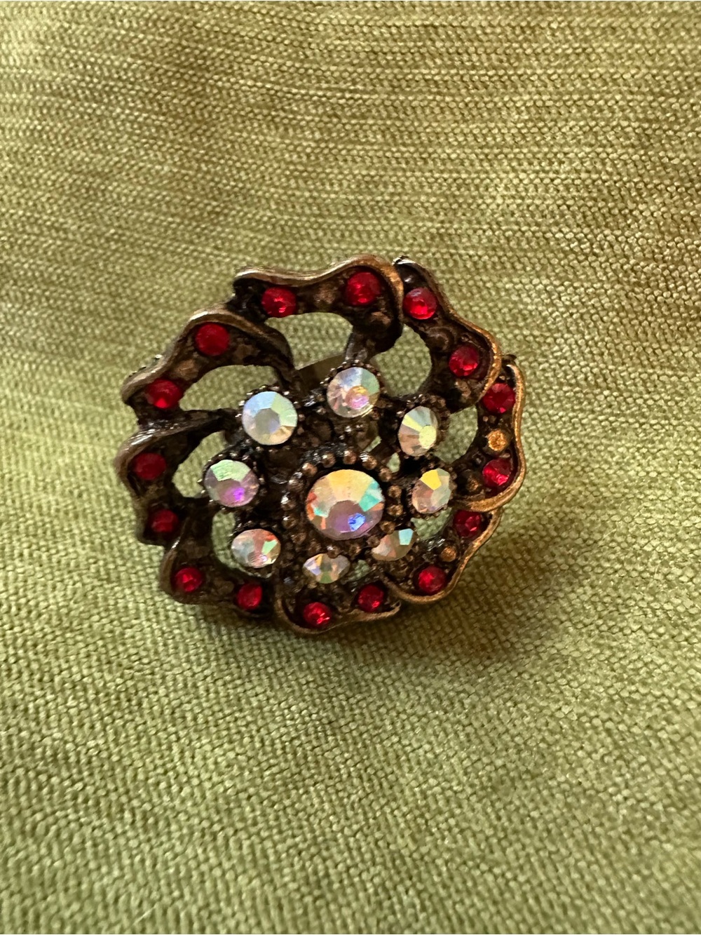 Vintage-Inspired Red Crystal Floral Statement Ring